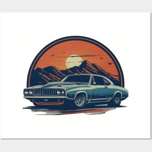 Old School Car Scenic Mountain Dusk Posters and Art